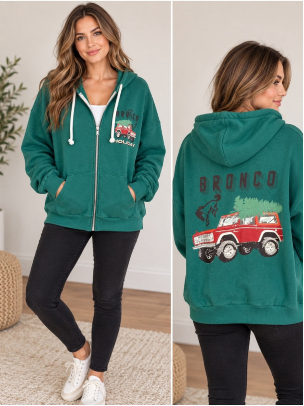 Ford Green Zip-Up Hoodie with Red Bronco Graphic Size XL Christmas Holiday